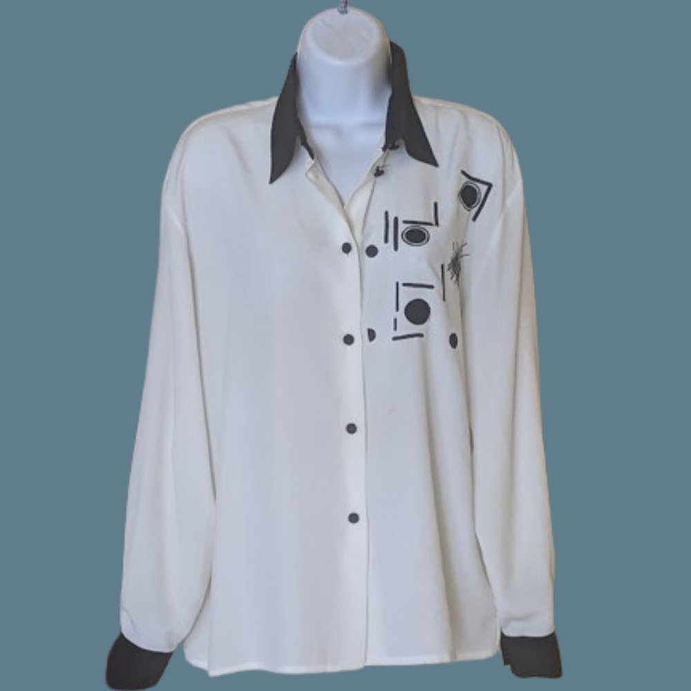 ---  JACQUES VERT Black and Ivory White Blouse Size 10 Fits Large